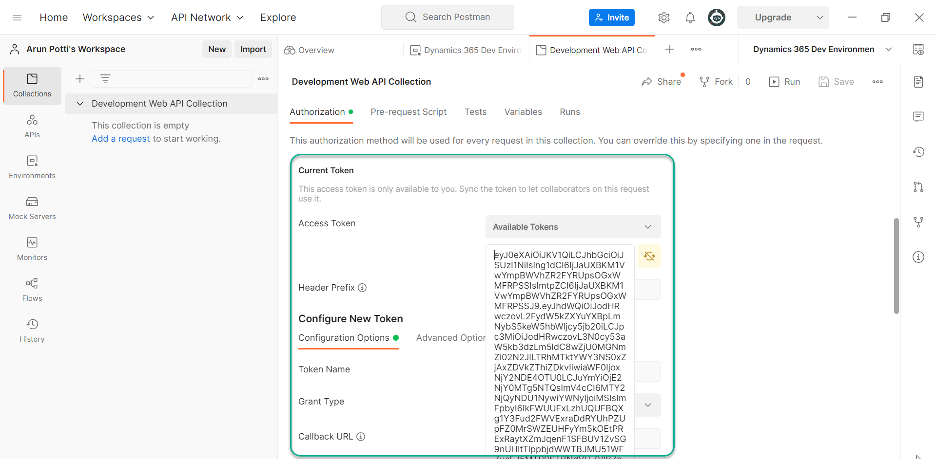 setup and connect to the Dataverse environment in Postman